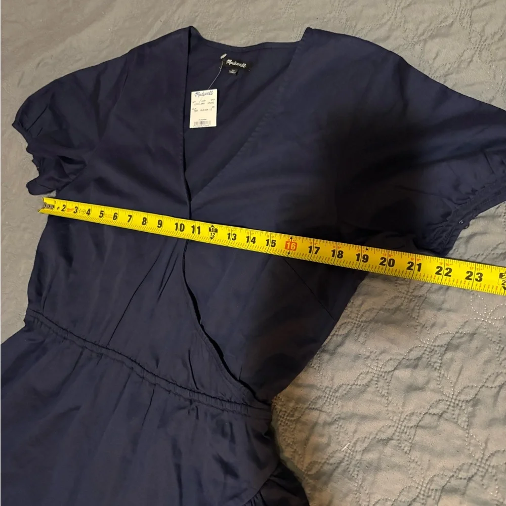 NWT Madewell Women's Navy Blue Ruffle-Tiered Short Sleeve V Neck Dress Size 12